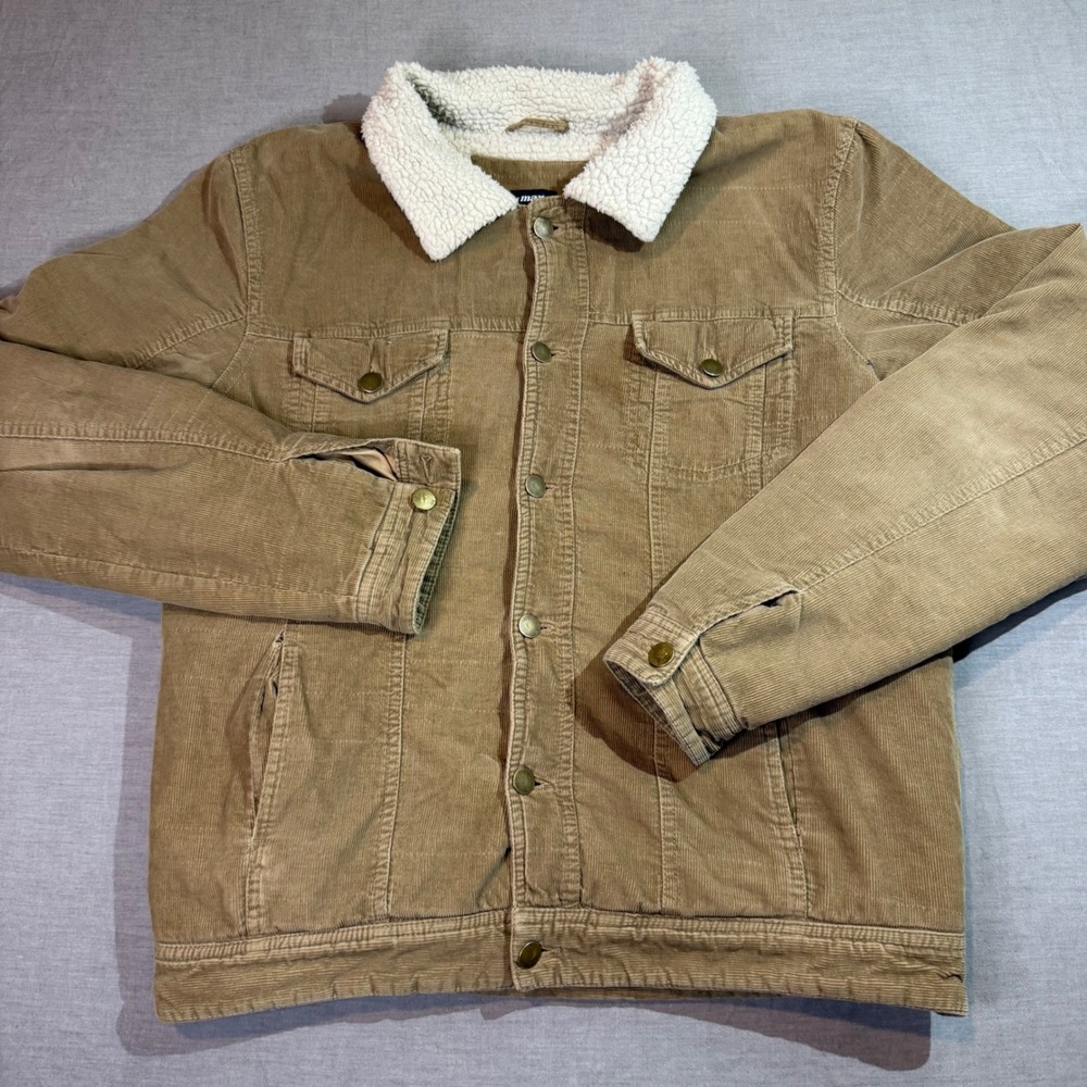 Max Corduroy Sherpa Trucker Jacket Mens Large Tan Brown Faux Fur Collar EUC